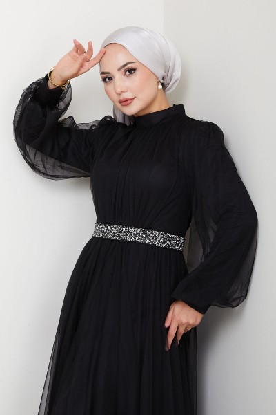 Taş Detaylı Büyük Beden Tesettür Abiye Alya - Siyah